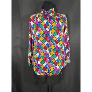 Vintage 90's Multicolored Diamond Maygene Blouse, Satin Button Up Top